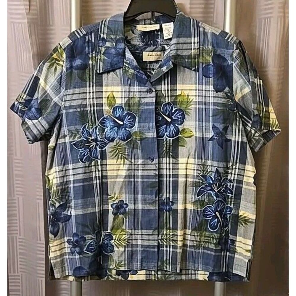 Lemon Grass Top Blouse‎ Set Blue Plaid XL Shirred Tank Cami Summer Travel